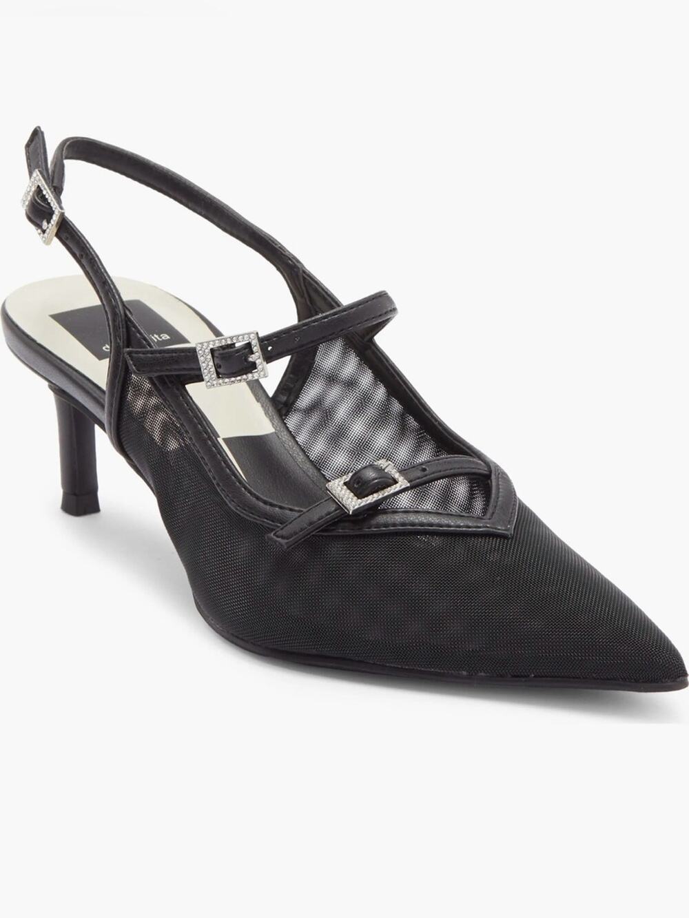 NEW Dolce Vita Black Pointed Mesh Slingback Heels Rhinestone Buckle Details Sz 8